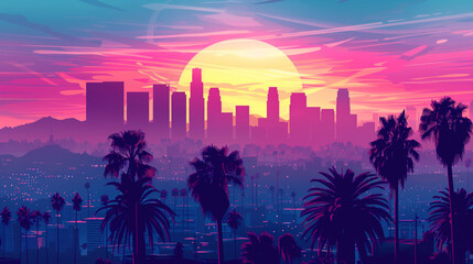 Palm Trees Silhouetted Against Los Angeles Downtown Skyline at Sunset