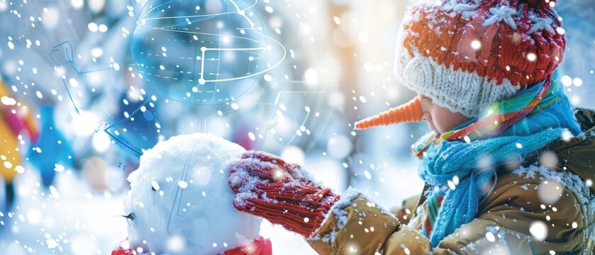 A closeup of children building a snowman during their winter break