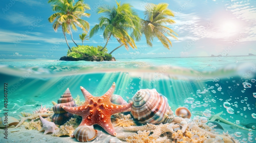 Wall mural Small island with palm tree above and sea star fish beneath underwater in sea.