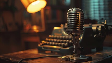Vintage microphone and typewriter on a desk for retro themed designs