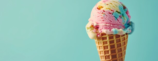 Single waffle cone with scoops of vibrant, multicolored rainbow ice cream melting against a pastel blue background, capturing the essence of summer treats and delicious indulgence