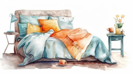 A cute watercolor of a sick leave, with a cozy bed and warm tea, in a tranquil bedroom, with comforting blankets and soft pillows, clipart isolated on white