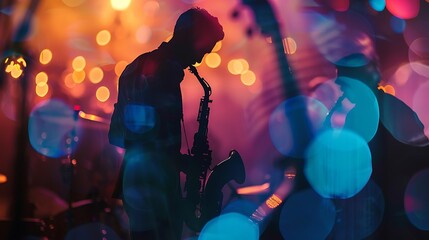 A musician playing the saxophone on stage with colorful lights in the background.