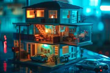Obraz premium A doll house scene blended with the planning of a startup, creating a hybrid image of childhood and professional achievement, with a cyberpunk color scheme and a blurry backdrop