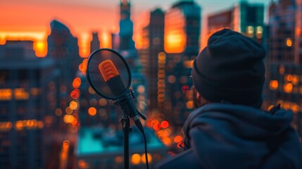 Vintage microphone with gold grid on a black stand, perfect for music and podcast related designs