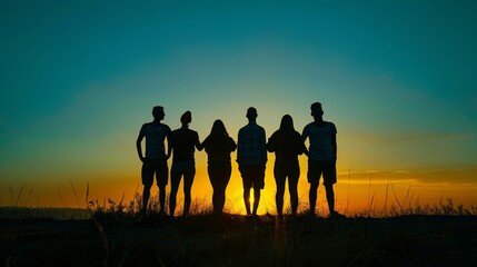 A group of people are standing in a field at sunset