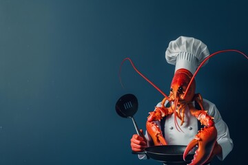A lobster in a chef s uniform, holding a frying pan and a spatula, set against a solid navy blue background with copy space