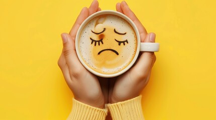 Closeup woman hands holding coffee cup with sad face drawn on coffee, top view angle on isolated plain background - Powered by Adobe
