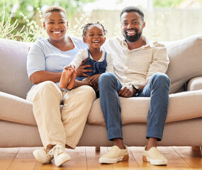 Smile, home and portrait of black family on sofa for care, bonding and support in child...