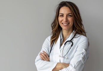Portrait of beautiful smiling female doctor standing with arms crossed 