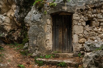 Cave Door. Ancient Stone Architecture of Old Castle Doorway in Mountain Cave
