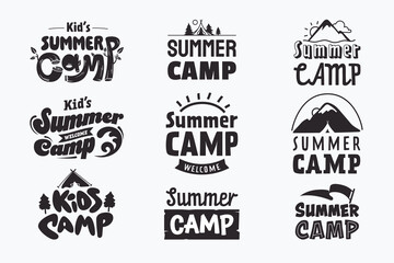 Kids Summer Camp emblem collection. Outdoor adventure and camping text badges set. Stylized typography and silhouettes of mountain, forest, etc. Isolated on white. Ideal for poster, invitation, ad.