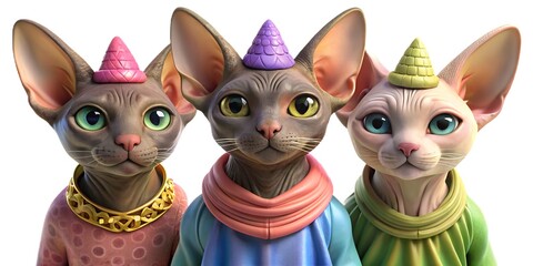 Group of cat in funny Wacky wild mismatched colourful outfits on bright background. Birthday party invite invitation banner.