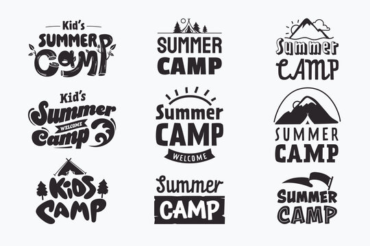 Kids Summer Camp emblem collection. Outdoor adventure and camping text badges set. Stylized typography and silhouettes of mountain, forest, etc. Isolated on white. Ideal for poster, invitation, ad.