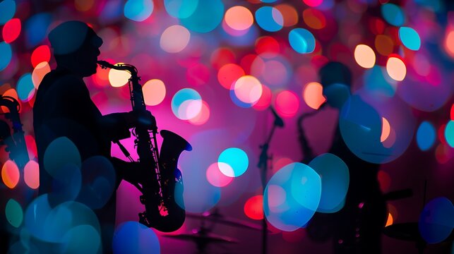 Saxophonist playing jazz music at night club.