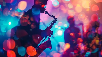 Saxophonist playing the saxophone with blurred colorful lights in the background.