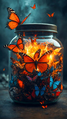 vibrant and colorful creative image of butterflies in a glass jar on a dark background