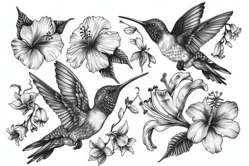 vintage style hummingbirds and exotic flowers on white background elegant tattoo design illustration