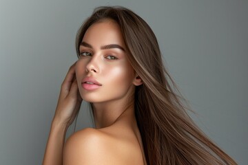 Naklejka premium Healthy Skin And Hair - Beautiful Woman with Long Brown Hair - Skincare and Beauty Concept