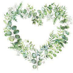 Heart Invitation. Watercolor Floral Wreath of Greenery for Wedding Design