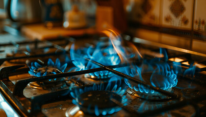 Close-up of a blue fire on a home kitchen stove. Gas stove with burning propane flame