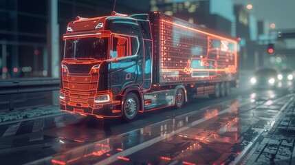 Close up of a futuristic truck with trailer scene with wireframe intersection