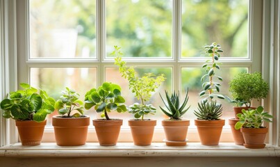 Healthy potted green plants displayed on a well-lit wooden window ledge