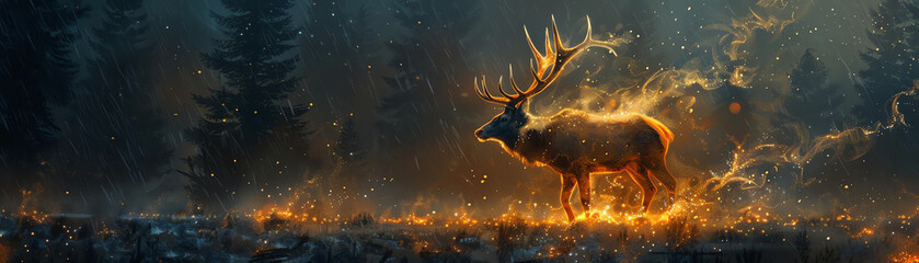 A digital painting of a deer standing in a forest. The deer is made of fire, and the forest is made of dark blue trees.