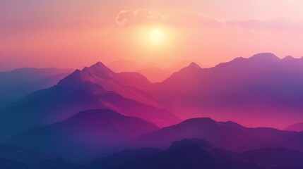 The image is a beautiful landscape of a mountain range at sunset