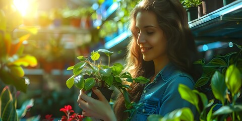 Woman caring for plants in sunlit greenhouse shelves with various greenery. Concept Greenhouse Care, Plant Lovers, Sunlit Spaces, Indoor Gardening, Nature Enthusiast