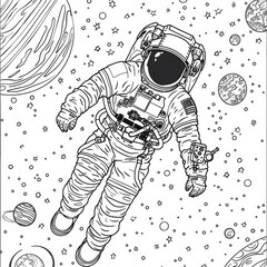 Space Coloring Page. Astronaut exploring cosmic universe with planets in soap bubble form