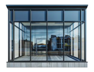 Modern glass storefront with reflective windows, cut out - stock png.