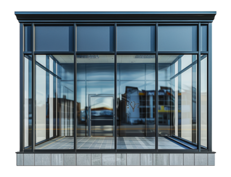 Modern glass storefront with reflective windows, cut out - stock png. - Powered by Adobe
