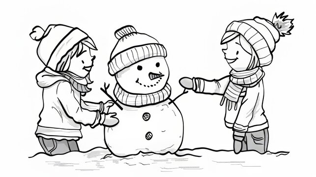 kids building snowman black and white clip art preview