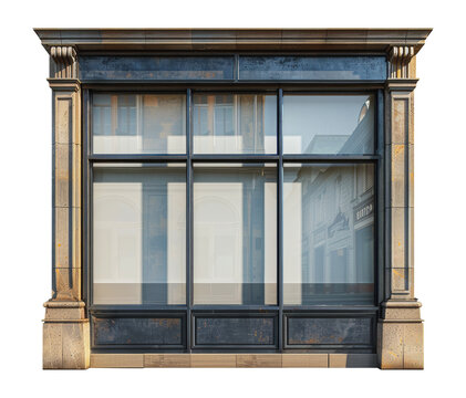 Vintage storefront with metal frame and glass windows, cut out - stock png.