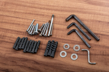 Screws, nuts, washers, L wrench
