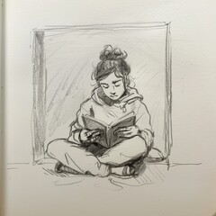 Simple sketch of a millennial reading in a cozy nook.