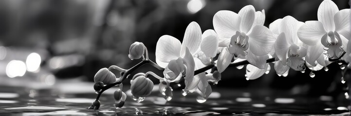 A banner with black and white orchids on the lawn after the rain with water highlights.