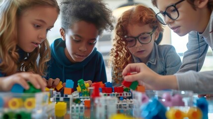 A group of kids work together to solve a puzzle made of building blocks representing the composition of different composite particles made of leptons. - Powered by Adobe