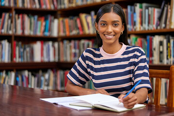 College, portrait and woman student in library with notebook for education, learning or studying for exam. Scholar, smile and Indian person writing for revision, knowledge or test on biology course