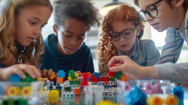 A group of kids work together to solve a puzzle made of building blocks representing the composition of different composite particles made of leptons.