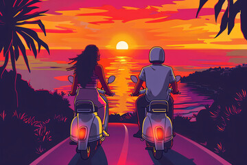 Two people on motorcycles riding toward the sunset on a coastal road
