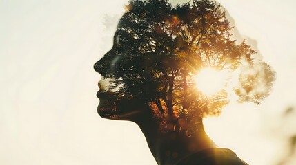 The photo is a surreal portrait of a woman with a forest in her head