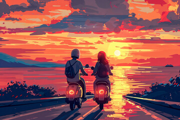 Two motorcyclists riding toward the sunset with a scenic coastal view