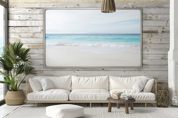 Frame mockup, displayed in a serene beach house, encouraging guests to pursue their dreams amidst ocean waves