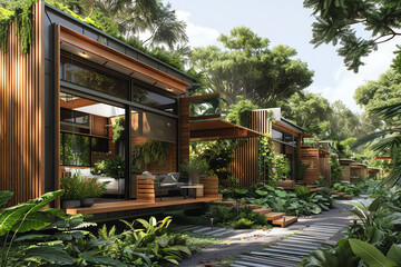 Wooden modern house with terrace in tropical forest. Green plants around the house. Path to the house.