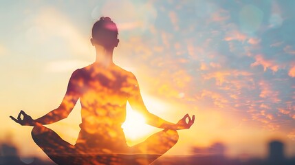 The photo shows a woman meditating in a lotus pose with a beautiful sunset in the background