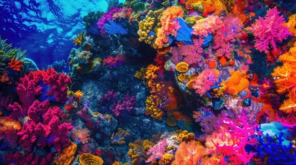 Ocean Coral Reef. Vibrant Underwater Red Sea Colony with Bright Blue and Red Ocean Colors