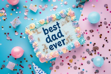 rectangular cake with text "best dad ever" top view, confetti, festive