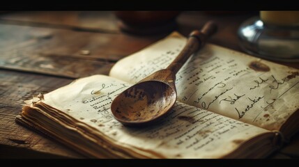 Vintage wooden spoon on an old cookbook